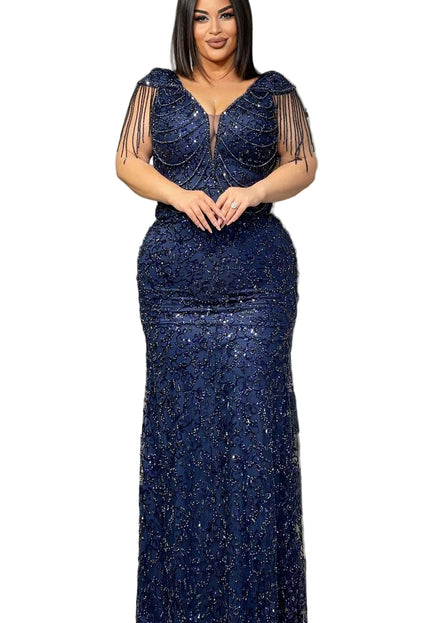 ELEGANT STONED MERMAID GOWN WITH DEEP V-NECKLINE