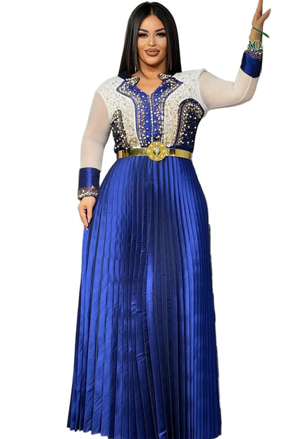 GORGEOUS EMBELLISHED LONG GOWN WITH PLEATED SKIRT AND SHEER SLEEVES