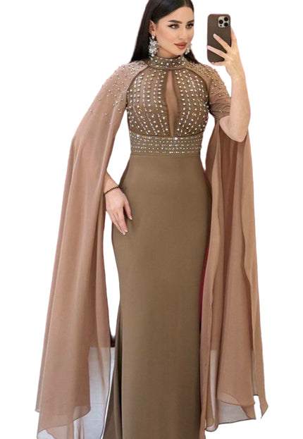 ELEGANT BEADED GOWN WITH FLOWING CAPE DETAIL