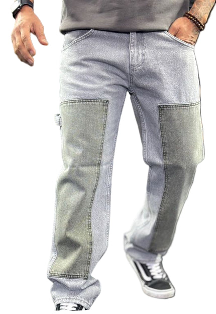 Men's Two-Tone Patchwork Jeans in Light Grey