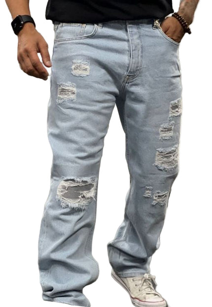 Men's Heavily Ripped Straight Leg Jeans in Light Blue