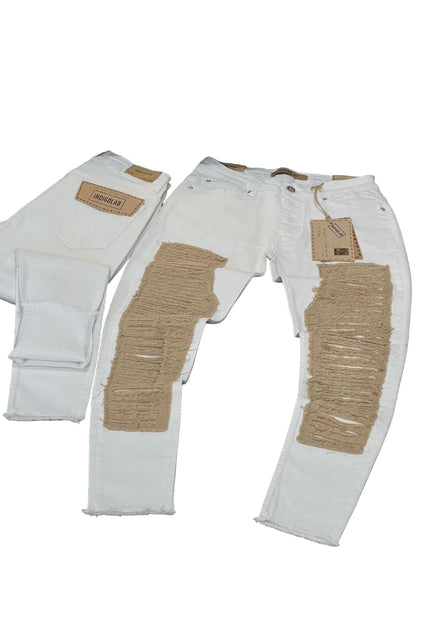 Men's Heavy Distressed Patch Jeans in White