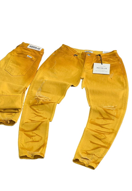 Men's Distressed Slim Jeans in Mustard Yellow