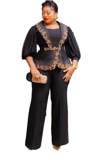 LADIES EMBELLISHED DESIGN PRINT BLOUSE WITH LONG OPEN TROUSERS SET