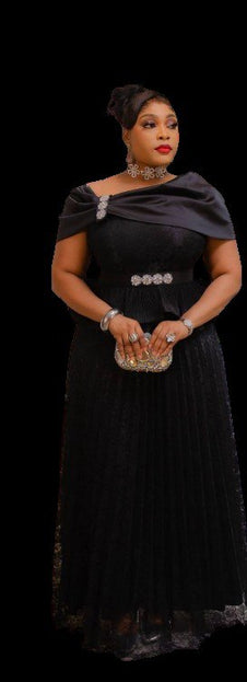 REGAL OFF-SHOULDER LACE PEPLUM GOWN