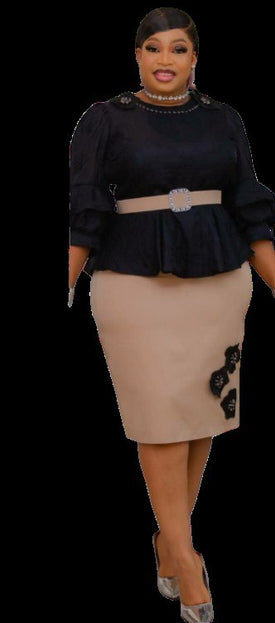 CLASSIC PEPLUM TOP AND FLORAL APPLIQUÉ PENCIL SKIRT SET