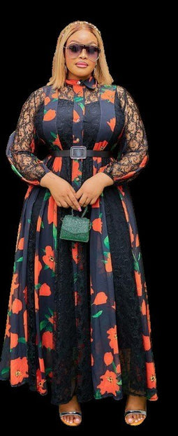 LUXURY SHEER LACE TOP FLORAL PRINT MAXI DRESS