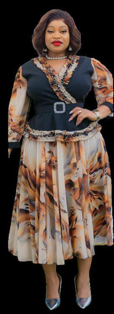 ELEGANT RUFFLED PEPLUM TOP AND FLORAL PLEATED SKIRT SET