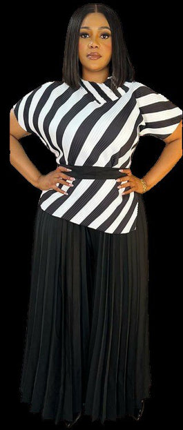 DIAGONAL STRIPE PLEATED TOP AND PALAZZO PANT SET