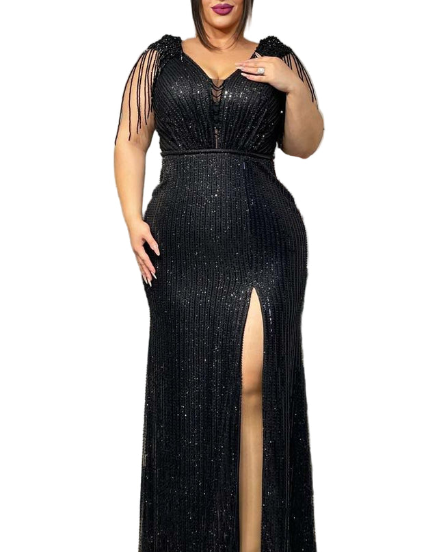 ELEGANT STONED MERMAID GOWN WITH HIGH SLIT