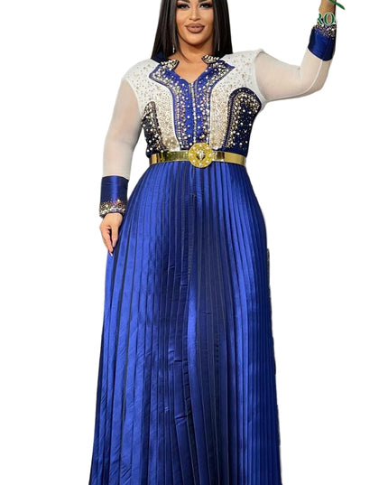 GORGEOUS EMBELLISHED LONG GOWN WITH PLEATED SKIRT AND SHEER SLEEVES