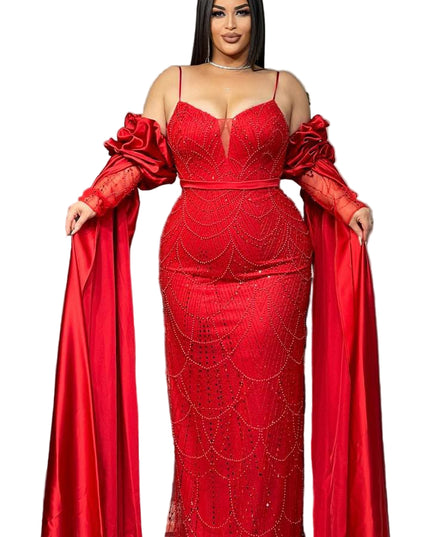GORGEOUS STONED OFF-SHOULDER MERMAID GOWN WITH DETACHABLE SLEEVES