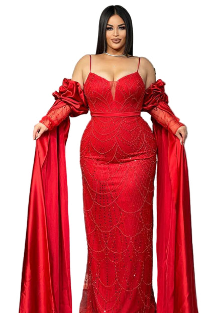 GORGEOUS STONED OFF-SHOULDER MERMAID GOWN WITH DETACHABLE SLEEVES