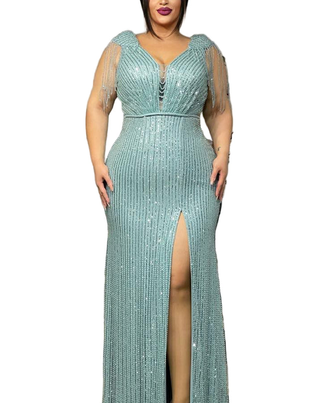 ELEGANT STONED MERMAID GOWN WITH HIGH SLIT