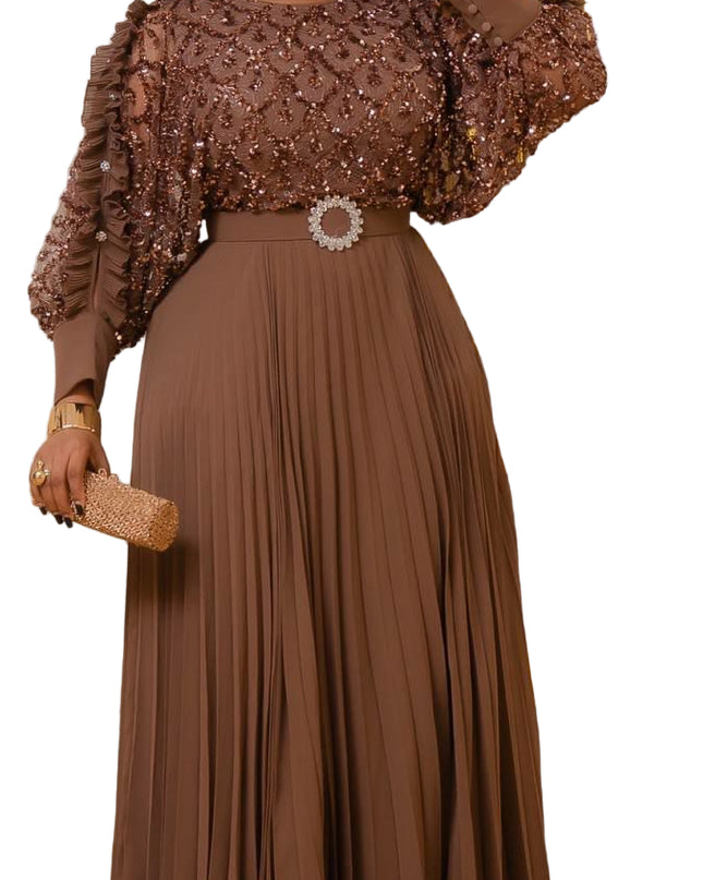 ELEGANT SEQUIN TOP WITH PLEATED SKIRT GOWN