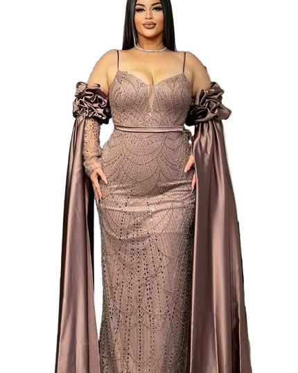 GORGEOUS STONED OFF-SHOULDER MERMAID GOWN WITH DETACHABLE SLEEVES