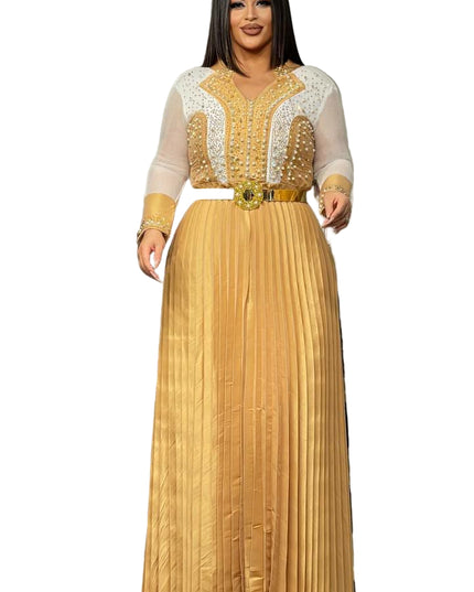 GORGEOUS EMBELLISHED LONG GOWN WITH PLEATED SKIRT AND SHEER SLEEVES