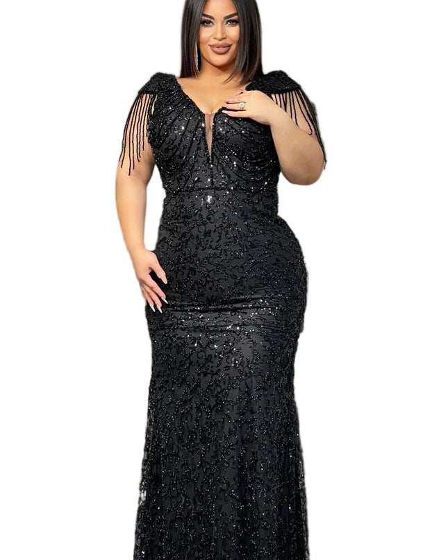 ELEGANT STONED MERMAID GOWN WITH DEEP V-NECKLINE
