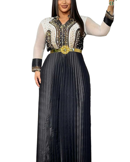 GORGEOUS EMBELLISHED LONG GOWN WITH PLEATED SKIRT AND SHEER SLEEVES