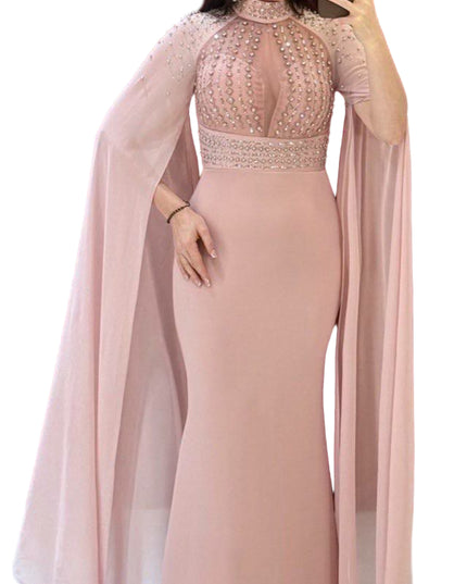 ELEGANT BEADED GOWN WITH FLOWING CAPE DETAIL