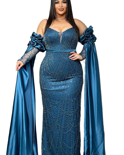 GORGEOUS STONED OFF-SHOULDER MERMAID GOWN WITH DETACHABLE SLEEVES