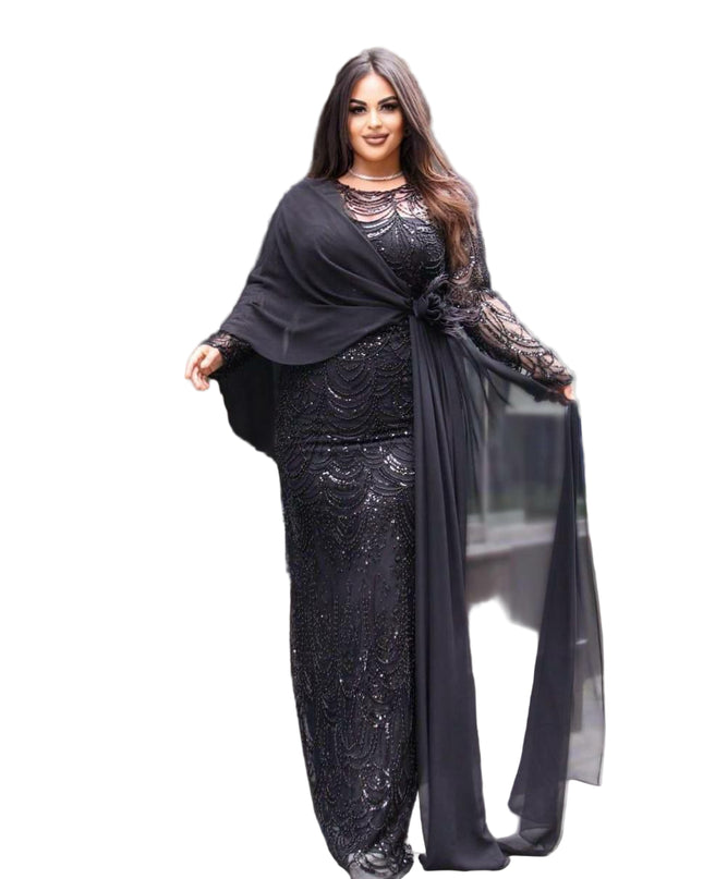 ELEGANT EMBELLISHED GOWN WITH FLOWING OVERLAY