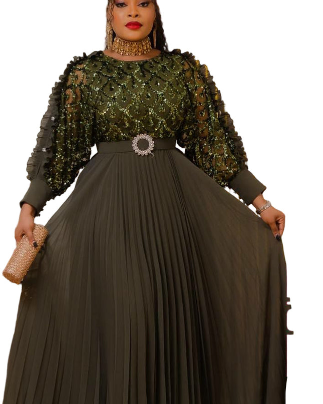 ELEGANT SEQUIN TOP WITH PLEATED SKIRT GOWN