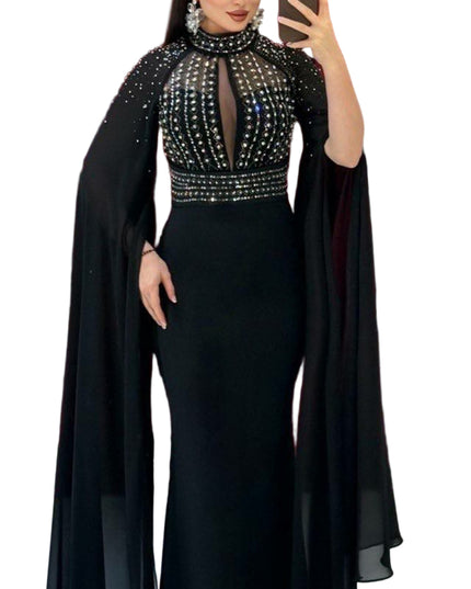 ELEGANT BEADED GOWN WITH FLOWING CAPE DETAIL