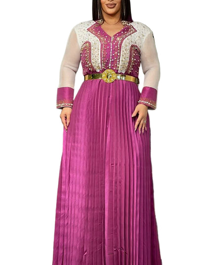 GORGEOUS EMBELLISHED LONG GOWN WITH PLEATED SKIRT AND SHEER SLEEVES