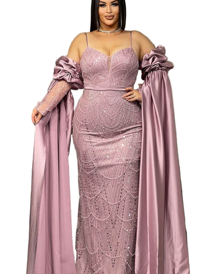 GORGEOUS STONED OFF-SHOULDER MERMAID GOWN WITH DETACHABLE SLEEVES