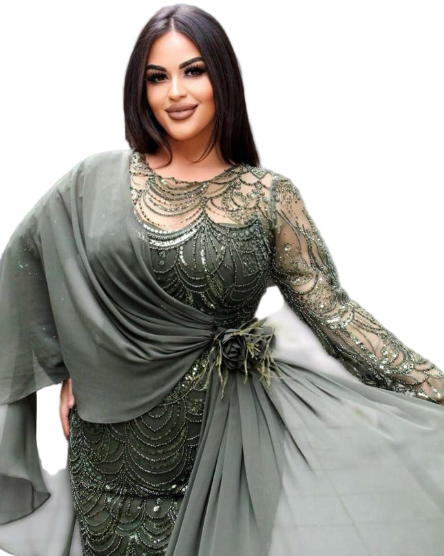 ELEGANT EMBELLISHED GOWN WITH FLOWING OVERLAY