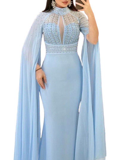 ELEGANT BEADED GOWN WITH FLOWING CAPE DETAIL