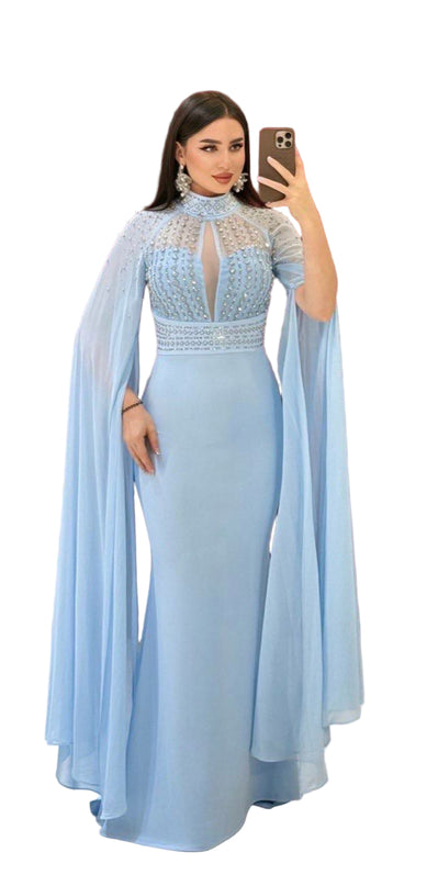 ELEGANT BEADED GOWN WITH FLOWING CAPE DETAIL