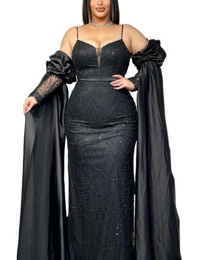 GORGEOUS STONED OFF-SHOULDER MERMAID GOWN WITH DETACHABLE SLEEVES