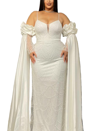 GORGEOUS STONED OFF-SHOULDER MERMAID GOWN WITH DETACHABLE SLEEVES