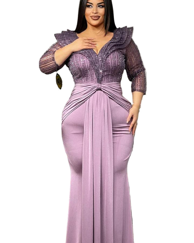 BEAUTIFUL STONED MERMAID GOWN WITH RUFFLED COLLAR AND FRONT KNOT DETAIL