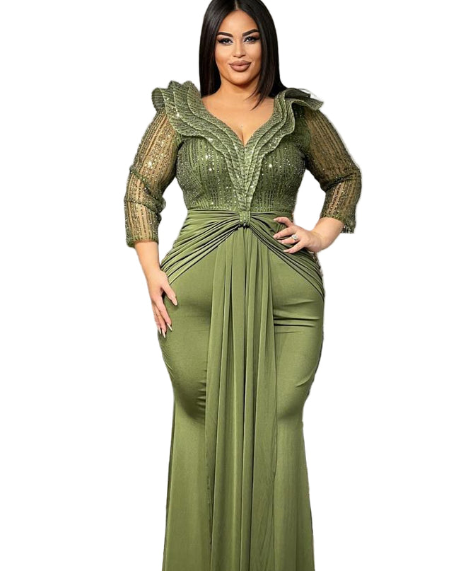 BEAUTIFUL STONED MERMAID GOWN WITH RUFFLED COLLAR AND FRONT KNOT DETAIL