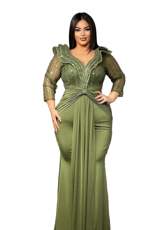 BEAUTIFUL STONED MERMAID GOWN WITH RUFFLED COLLAR AND FRONT KNOT DETAIL