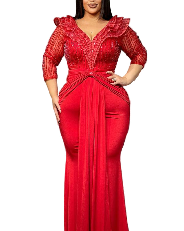 BEAUTIFUL STONED MERMAID GOWN WITH RUFFLED COLLAR AND FRONT KNOT DETAIL