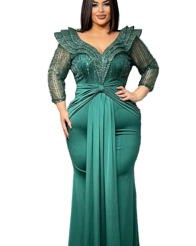 BEAUTIFUL STONED MERMAID GOWN WITH RUFFLED COLLAR AND FRONT KNOT DETAIL