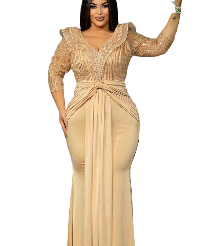 BEAUTIFUL STONED MERMAID GOWN WITH RUFFLED COLLAR AND FRONT KNOT DETAIL