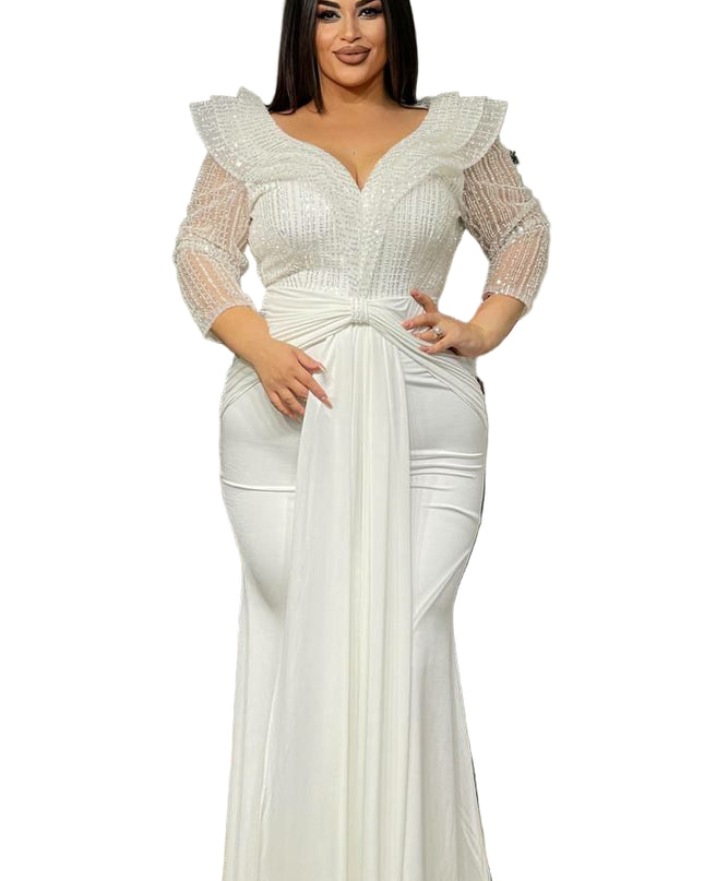BEAUTIFUL STONED MERMAID GOWN WITH RUFFLED COLLAR AND FRONT KNOT DETAIL
