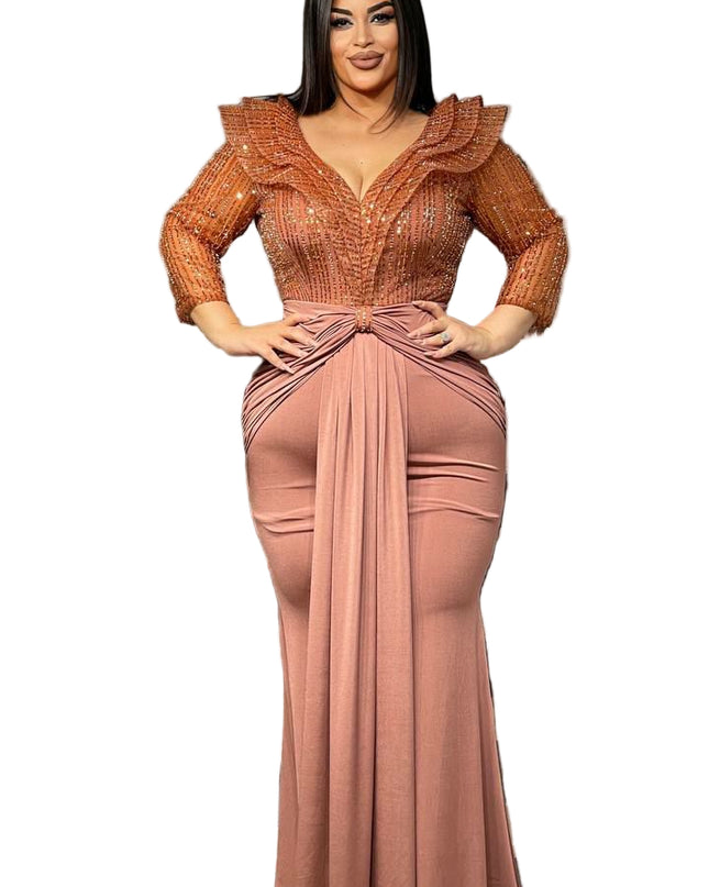 BEAUTIFUL STONED MERMAID GOWN WITH RUFFLED COLLAR AND FRONT KNOT DETAIL