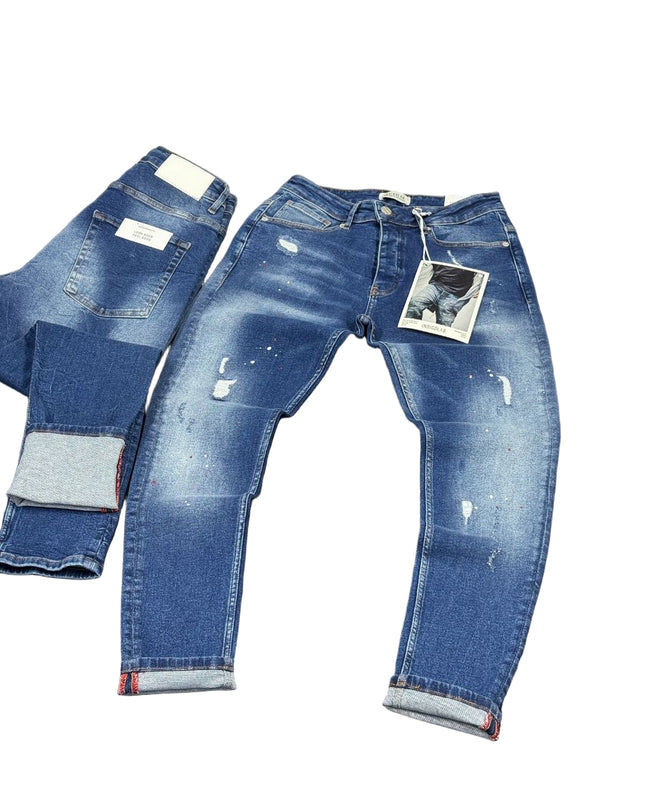Men's Paint Splatter Jeans in Dark Blue