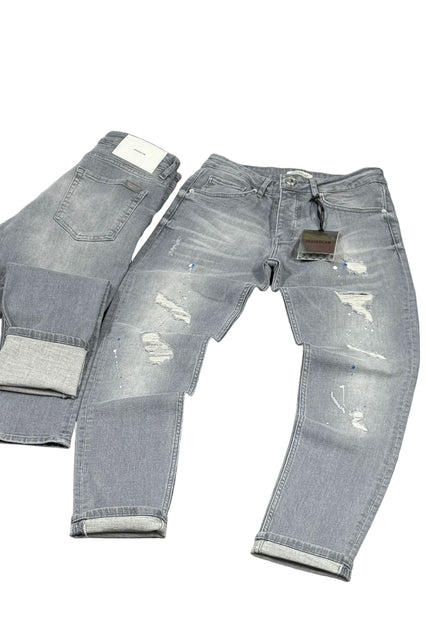 Men's Paint Splatter Ripped Jeans in Light Grey