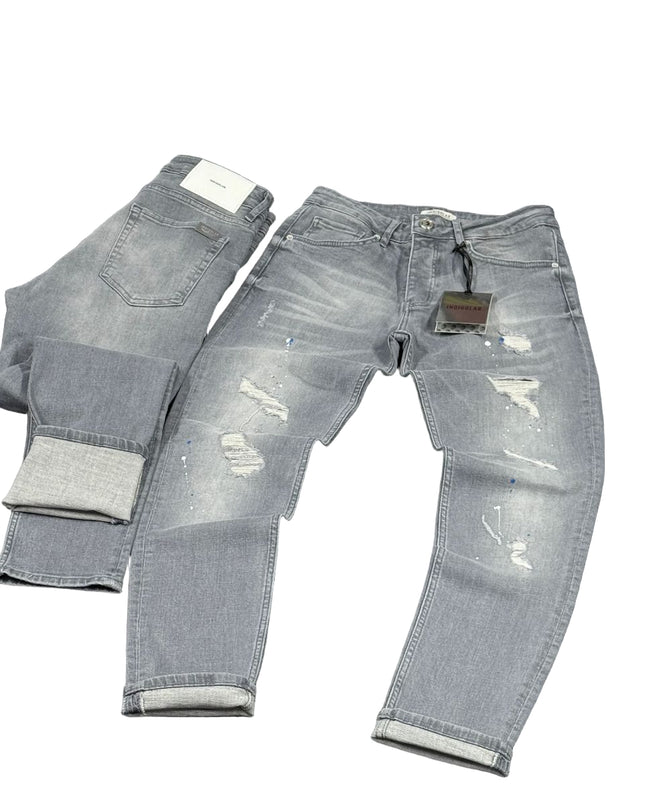 Men's Paint Splatter Ripped Jeans in Light Grey