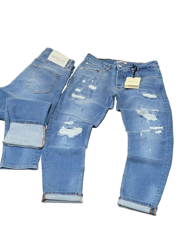 Men's Ripped Paint Splatter Jeans in Light Blue