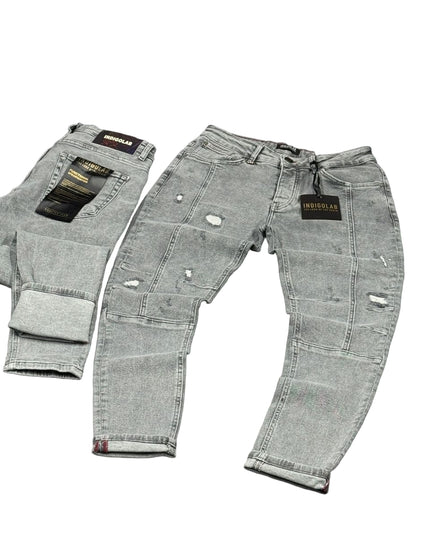 Men's Paneled Distressed Jeans in Grey