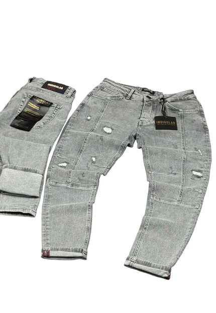 Men's Paneled Distressed Jeans in Grey