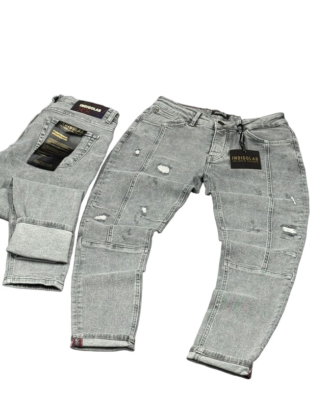 Men's Paneled Distressed Jeans in Grey
